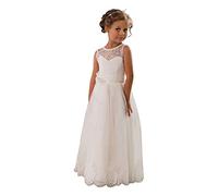 Aibaowedding Vestido de tul largo vintage para niños, vestido de encaje con cinturón/elegante línea A, vestido de comunión, dama de honor, vestido de niña de 2 a 12 años, beige, 4 años