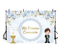 AIBIIN 2,1 x 1,5 m Fondo para Mi Primera Comunión para niños. Dios bendiga la primera comunión, fondo para fotografía con cáliz, palomas, flores, encaje, decoración festiva, banner para fotos