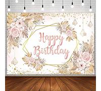 AIBIIN 7 x 5 pies, telón de fondo bohemio de feliz cumpleaños para niña, bohemio, rosa, floral, pampas, dorado, purpurina, fotografía, fondo, princesa, mujer, bebé, fiesta, decoración, suministros para cabina de fotos, accesorios de estudio
