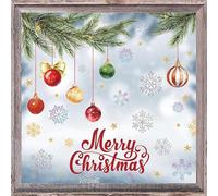 AIBIIN Calcomanías navideñas para ventana, bolas de Navidad, ramas, nieve, Feliz Navidad, adhesivos para ventanas para decoración de fiesta en el hogar, doble cara, calcomanías reutilizables para