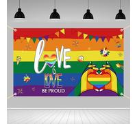 AIBIIN Cartel LGBT del mes del orgullo con texto en inglés "Love is Love Be Proud", fondo de fotografía, corazones arcoíris, lesbianas, pansexuales, bisexuales, decoración de fiesta gay, pancarta de