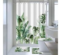 AIBIIN Cortinas de ducha con diseño de plantas verdes y hojas de palma, alfombras antideslizantes, cubierta de inodoro y alfombrilla de baño