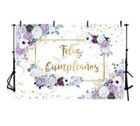 AIBIIN Feliz Cumpleaños - Telón de fondo de fotografía de cumpleaños con flores moradas y blancas, fondo de fotografía de cumpleaños blanco, gris, mármol, dorado, geométrico, pastel, fiesta de