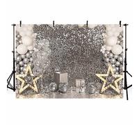 AIBIIN Fondo de fotografía con purpurina plateada de 7 x 5 pies, globos blancos para niñas, amigos, fiesta de cumpleaños, decoración de mesa, telón de fondo de estudio