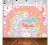 AIBIIN Fondo de fotografía de cumpleaños de 7 x 5 pies con texto "Happy 10th Birthday" para niña It's My 10 Years Old Bday Photography Fondo Boho Rainbow Peace Love de los años 70, decoración de fiesta de margarita, pancarta de sesión de fotos