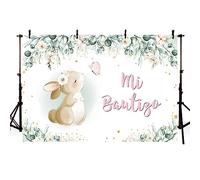 AIBIIN Fondo Fotográfico MI BAUTIZO de 2,1 x 1,5 m, Dios Bendiga, Primera Comunión, Conejo, Hojas Verdes, Decoración del Hogar, Papel Pintado, Retrato