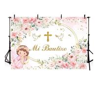 AIBIIN Fondo rosa Mi Bautizo para niña Dios bendiga primera comunión fondo rosa floral ángel bautizo fiesta banner decoración foto apoyos 2,1 x 1,5 m