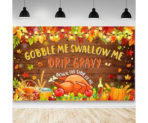 AIBIIN Friendsgiving - Telón de fondo Gobble Me Swallow Me Drip para fotografía de otoño, arce, madera rústica, decoración de fiesta de Acción de Gracias, 70.8 x 43.3 pulgadas