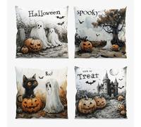 AIBIIN Juego de 4 fundas de almohada de 45 x 45 cm, diseño de calabaza, fantasma, gato negro, murciélago, castillo, truco o trato, fundas de cojín de lino para decoración del hogar, sofá, sala de