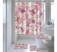 AIBIIN Juego de cortinas de ducha de pared con diseño de flores rosadas, 4 piezas con alfombras antideslizantes, cubierta de tapa de inodoro y alfombrilla de baño, cortinas de baño de flores para