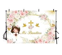 AIBIIN Mi Bautizo - Telón de fondo bohemio para bautizo, Dios bendiga, comunión, decoración de fiesta de niña, flores rosas y blancas, paloma dorada, cruz sagrada para recién nacido, baby shower,