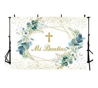 AIBIIN Mi Bautizo telón de Fondo de 7 x 5 pies,Dios Bendiga Hojas de eucalipto Verde y Dorado,Fondo de fotografía,Primera comunión Bautizo,Fiesta de cumpleaños,Baby Shower,Pastel,Mesa de Estudio