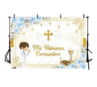 AIBIIN Mi Primera Comunion - Telón de fondo para niños Primera Comunión Bautismo Azul Floral Cáliz Palomas Fondo de Fotografía Primera Sagrada Comunión Bautizo Decoraciones de Fiesta Pancarta 2,13 x
