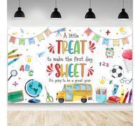 AIBIIN Pancarta de regreso a la escuela, telón de fondo con texto en inglés "A Little Treat to Make The First Day Sweet It's Going to Be A Great Year" (Un pequeño regalo para hacer que el primer día
