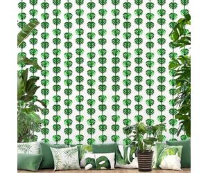 AIBIIN Paquete de 2 cortinas tropicales verdes de 3.2 x 6.5 pies, decoración de fiesta tropical de hoja de selva, cortinas de flecos de papel de aluminio, telón de fondo hawaiano, hojas de palmera,