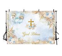 AIBIIN Telón de fondo bohemio de 2,1 x 1,5 m, diseño bohemio de Dios bendiga para bautizo, decoración de fiesta de comunión, fondo de fotografía, mármol azul, floral, ceremonia de bautizo, pancarta de