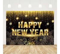 AIBIIN Telón de fondo de 7 x 5 pies, diseño de feliz año nuevo, color negro y dorado, con purpurina Bokeh, fuegos artificiales, fondo de fotografía, puntos dorados brillantes 2024, decoración de