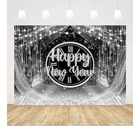 AIBIIN Telón de fondo de Año Nuevo 2024 de 7 x 5 pies, decoración de fiesta de Año Nuevo, negro y plateado, suministros de fiesta de cuenta regresiva anual, suministros de fiesta con purpurina dorada,