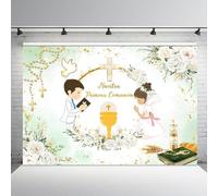 AIBIIN Telón de fondo de bautismo de 2,1 x 1,5 m, Nuestra Primera, Comunión, Bautizo, Fondo de fotografía, Dios bendiga a Mi Primera, Comunión, Mi Bautizo, cáliz blanco, floral, decoración de fiesta,