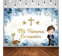 AIBIIN Telón de fondo de bautismo de 7 x 5 pies para niños, decoración de fiesta de primera comunión, bautizo, primera comunión, Dios bendiga mi bautizo, pancarta de cáliz, fondo de fotografía azul