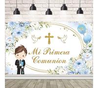 AIBIIN Telón de fondo de bautizo para niños, de 7 x 5 pies, para bautizo, primera comunión, fondo de fotografía, fondo azul floral, Dios bendiga, recién nacido, baby shower, decoración de fiesta