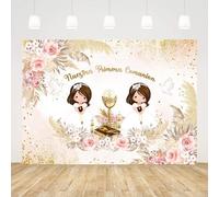 AIBIIN Telón de fondo de comunión Nuestra Primera de 5 x 3 pies para niñas gemelas, bautizo, Dios bendiga, primera comunión, bautizo, decoración de fiesta, bohemio, rosa, floral, dorado, palomas de la