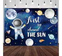 AIBIIN Telón de fondo de cumpleaños de 7 x 5 pies, primer viaje alrededor del sol, espacio exterior, primer cumpleaños, fondo de fotografía de galaxia, espacio, sol, planetas, astronauta, decoración