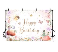 AIBIIN Telón de fondo de cumpleaños de hadas de 7 x 5 pies para niña, fondo de fotografía de feliz cumpleaños, seta, mariposa, floral, cuento de hadas, decoración de fiesta de cumpleaños, pancarta de