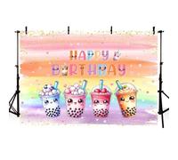 AIBIIN Telón de fondo de cumpleaños de té Millk de 2,1 x 1,5 m, Kawaii Bubble Par-Tea, fondo de fotografía, colorido arco iris, té de leche para niños y niñas, decoración de fiesta de cumpleaños,