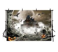 AIBIIN Telón de fondo de fotografía de Halloween de 2.1 x 1.5 m, noche aterradora, fantasma, esqueleto, castillo, murciélago, calabaza, decoración gris, telón de fondo de niebla, casa embrujada, Día