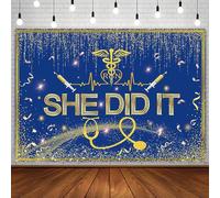 AIBIIN Telón de fondo de graduación de enfermera de 7 x 5 pies She Did It Felicitaciones Graduates Blue Gold Glitter Fondo de fotografía Felicitaciones Grads Clase de 2024 Decoración de fiesta de