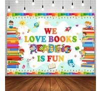 AIBIIN Telón de fondo del Día Mundial del Libro de 7 x 5 pies para fotografía que amamos los libros, leer es divertido, niños, estudiantes, aula, lectura, decoración, biblioteca, pancarta primaria,