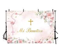 AIBIIN Telón de Fondo Mi Bautizo 2,1 x 1,5 m, Rosa, Floral, Dorado, Purpurina, Cruz, Fondo de Fotografía para Niña, Comunión, Accesorios para Sesiones de Fotos Recién Nacidos