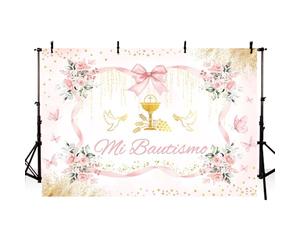 AIBIIN Telón de fondo Mi Bautizo de 7 x 5 pies con temática de nudo de lazo para fotografía de primera comunión para niñas, Dios bendiga bautizo, decoración de fiesta temática de bautizo, suministros