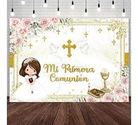 AIBIIN Telón de fondo Mi Primera Comunion de 10 x 7 pies para niña, bautizo, decoración de fiesta, Dios bendiga, primera comunión Mi Bautizo, pancarta floral rosa para fiesta, accesorios para fotos