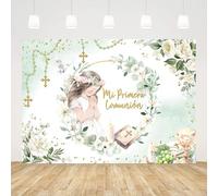 AIBIIN Telón de fondo Mi Primera Comunión de 2,1 x 1,5 m para niña, bautizo, fondo de fotografía, Dios bendiga la primera sagrada comunión Mi Bautizo, decoraciones de fiesta floral, pancarta