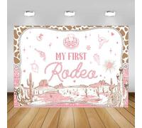 AIBIIN Telón de fondo rosa de 2,1 x 1,5 m, diseño retro de vaquera occidental, fondo de fotografía My First Rodeo, decoración para baby shower, accesorios para fotos de vaquera del salvaje oeste
