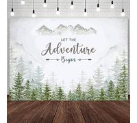 AIBIIN Telón de fondo rústico de 7 x 5 pies, Adventure Awaits Baby Shower Let The Adventure Begin, fondo rústico de pino, bosque, montañas, desierto, bosque, decoración de fiesta, pancarta de