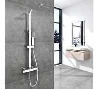 Aica Sanitarios Columna de ducha termostática, conjunto de alcachofa con grifo termostático 38℃, Cabezal de Ducha de Lluvia, Altura regulable 800mm - 1200mm, Cromado Cuadrada