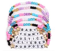 AICase Pulseras inspiradas en regalos de Justin Merch Bieber, 5 unidades | apilables,elásticas,pulseras de la amistad, traje de concierto, póster de vinilo,regalo para fanáticos,mujeres,cumpleaños