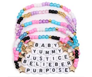 AICase Pulseras inspiradas en regalos de Justin Merch Bieber, 5 unidades | apilables,elásticas,pulseras de la amistad, traje de concierto, póster de vinilo,regalo para fanáticos,mujeres,cumpleaños