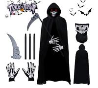 Aicerous® Disfraz Parca de Halloween Conjunto Capa Parca, con Guantes de Máscara de Calavera de Guadaña, Disfraz Reaper para Adulto/Niño Unisex, Perfecto para Cosplay Carnaval Mascarada (A, adulto)