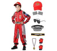 aicoaub Disfraz Piloto Carreras Niño 3-12 años Disfraz de Conductor de Coche Carreras Niño con Sombrero Guantes Anteojos Medalla Riñonera Bandera