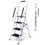 Aidapt 4 escaleras con pasamanos dobles, plegables, ahorran espacio, peldaños de goma extra anchos, patas de goma antideslizantes, acero duradero, para bricolaje en casa, jardinería, lugar de trabajo,