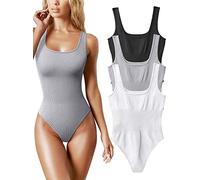 AIDEUX Body de 3 piezas sin mangas para mujer, camiseta de tirantes con cuello cuadrado, mono adelgazante acanalado, sexy y sin costuras (S, BLACK GREY WHITE)