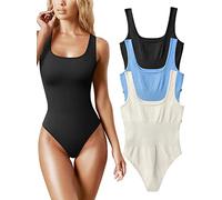 AIDEUX Body de 3 piezas sin mangas para mujer, camiseta de tirantes con cuello cuadrado, mono adelgazante acanalado, sexy y sin costuras
