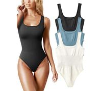AIDEUX Body de 3 piezas sin mangas para mujer, camiseta de tirantes con cuello cuadrado, mono adelgazante acanalado, sexy y sin costuras (L, BLACK HAZE BLUE BEIGE)