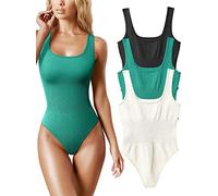 AIDEUX Body de 3 piezas sin mangas para mujer, camiseta de tirantes con cuello cuadrado, mono adelgazante acanalado, sexy y sin costuras (L, BLACK GREEN BEIGE)