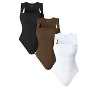 AIDEUX Tghetiop - Body sin mangas de 3 piezas para mujer, camiseta sin mangas con cuello cuadrado y adelgazante acanalado, body sexy y sin costuras, Negro Café Blanco 1, M