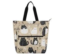 aidingzhi Bolsa para libros infantiles para niños y adultos, estilo bohemio, safari, gatos, color marrón, impermeable, bolsa de playa con bolsillos con cremallera para la escuela, compras, comestibles